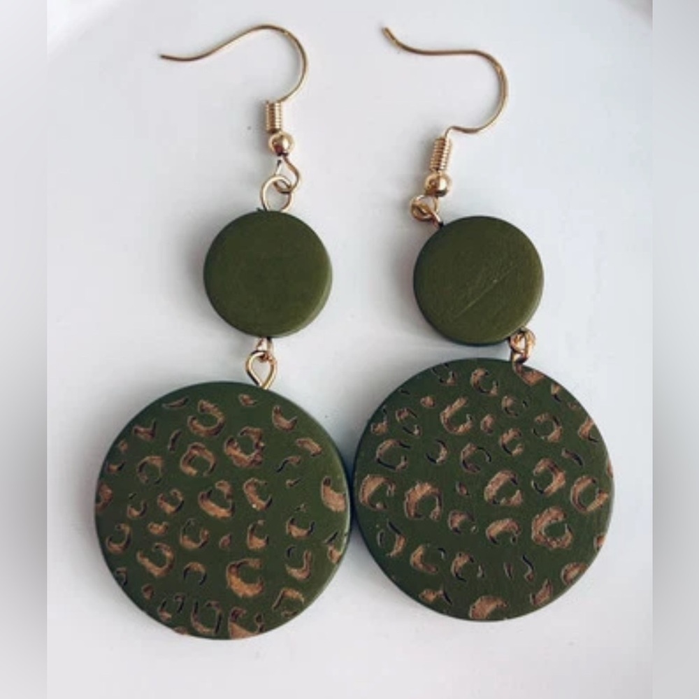 Wood Dangle Green Animal Print Boho Earrings